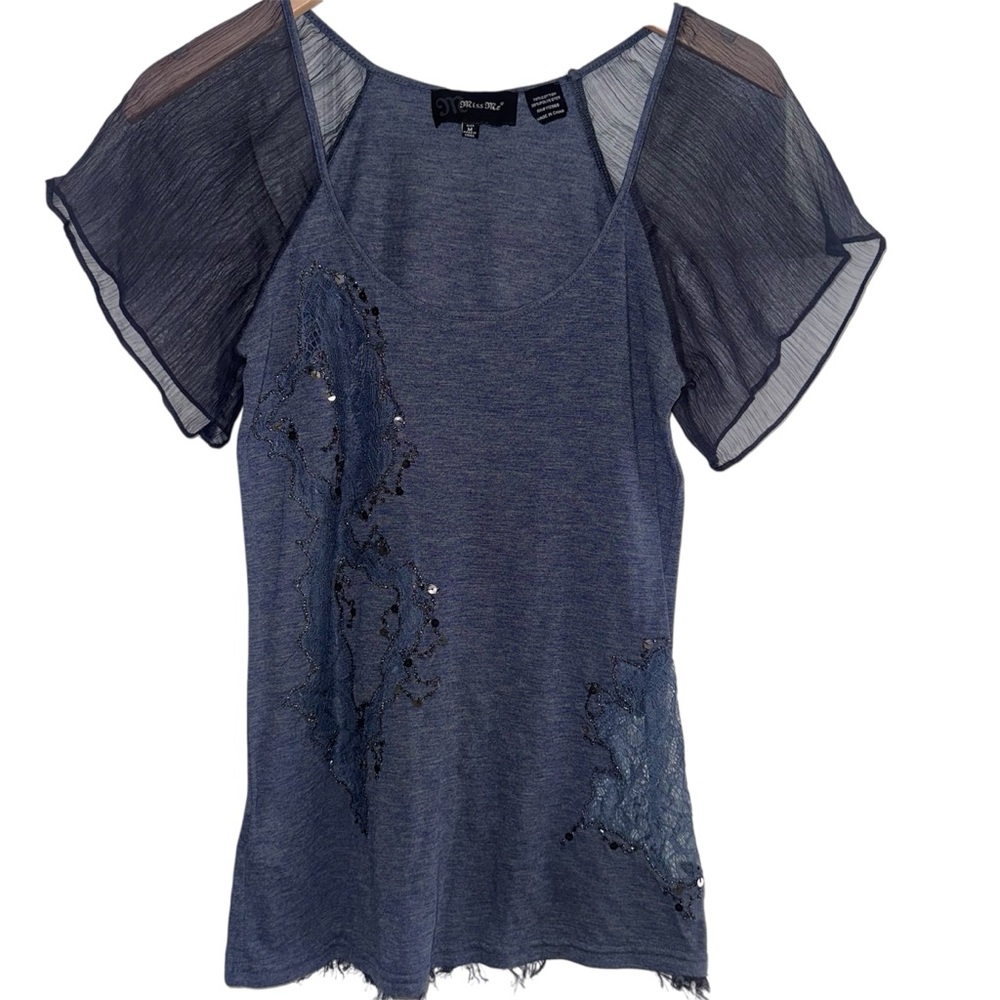 Miss Me Chic Navy Sheer Sleeve Top with Lace Cut Outs - Medium